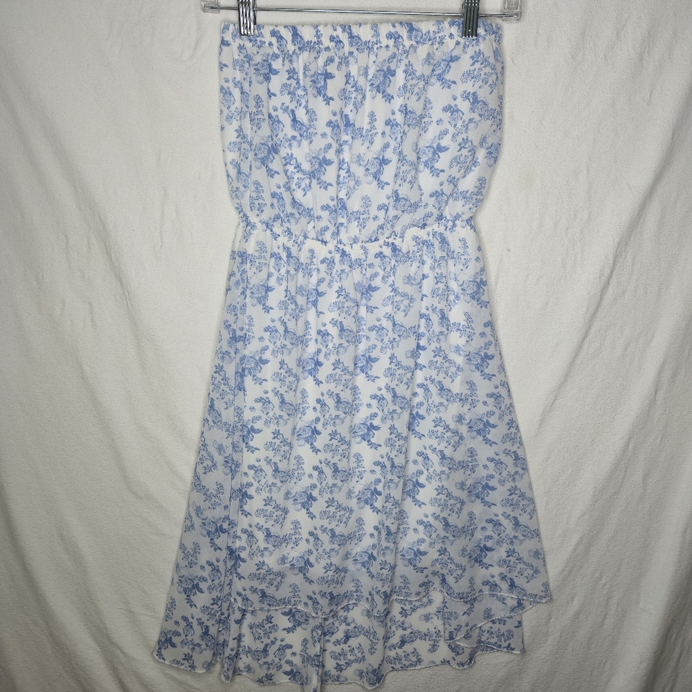 Simons Floral Blue And White Strapless Mid Length Dress Size XS